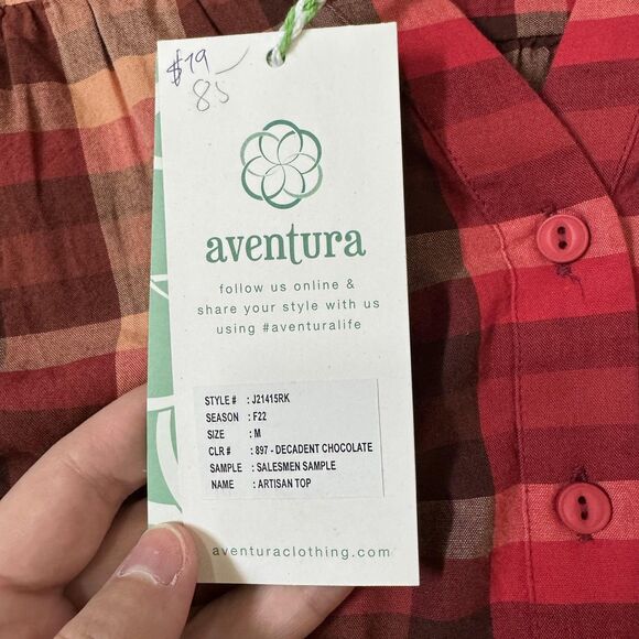 Aventura Shirt Womens Medium Red Plaid Artisan Top Organic Cotton Embroidered - Picture 8 of 11